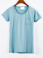 Shein Plain V-neck Pocket T-shirt - Blue