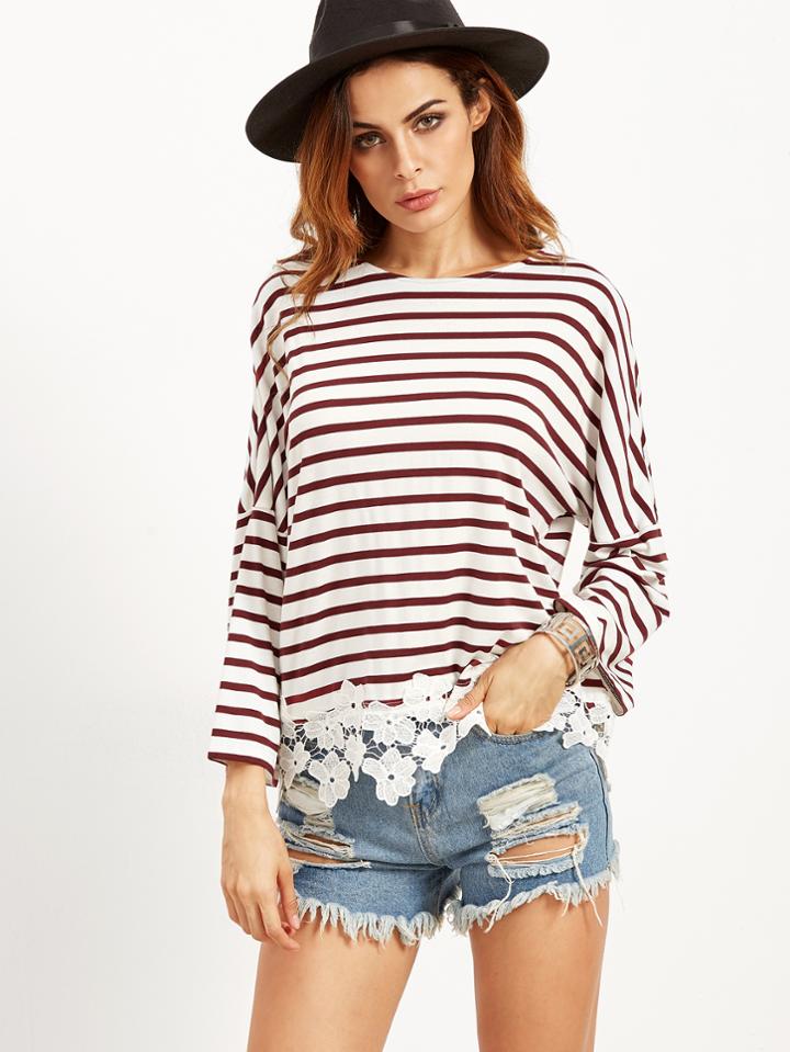 Shein Burgundy Striped Drop Shoulder Tee With Flower Lace Detail