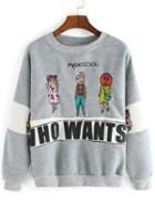 Shein Grey Round Neck Cartoon Embroidered Sweatshirt