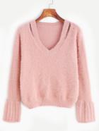 Shein Pink Cut Out Neck Bell Sleeve Fuzzy Sweater