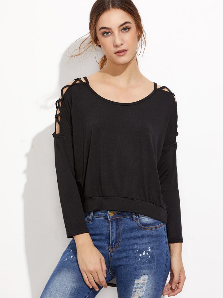 Shein Contrast Mesh Lattice Shoulder High Low T-shirt