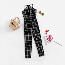 Shein Girls Drawstring Waist Grid Jumpsuit