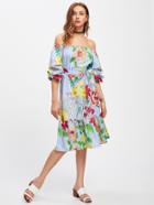 Shein Bardot Self Tie Frill Hem Botanical Print Dress