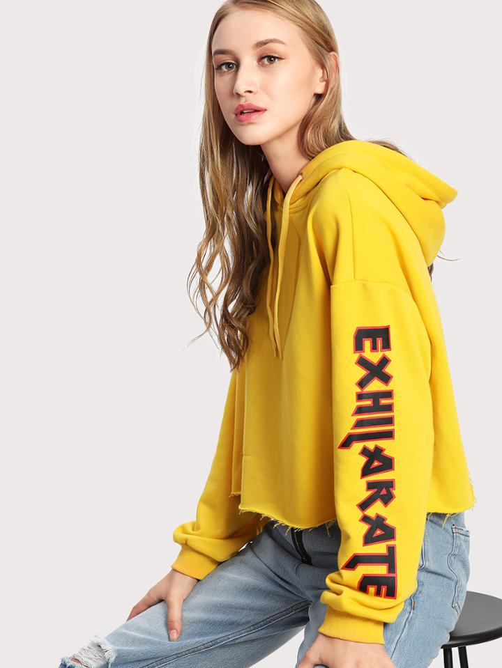 Shein Letter Print Raw Hem Hoodie