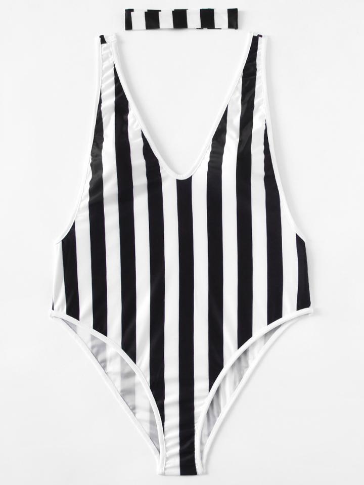 Shein Block Striped Drop Arm Plunge Swimsuit With Choker