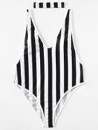 Shein Block Striped Drop Arm Plunge Swimsuit With Choker