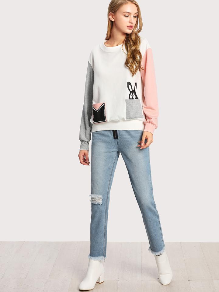 Shein Contrast Sleeve Pocket Detail Pullover
