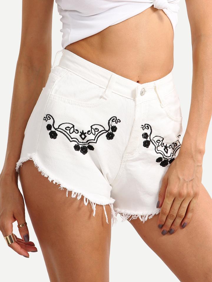 Shein Raw Hem Embroidered White Denim Shorts