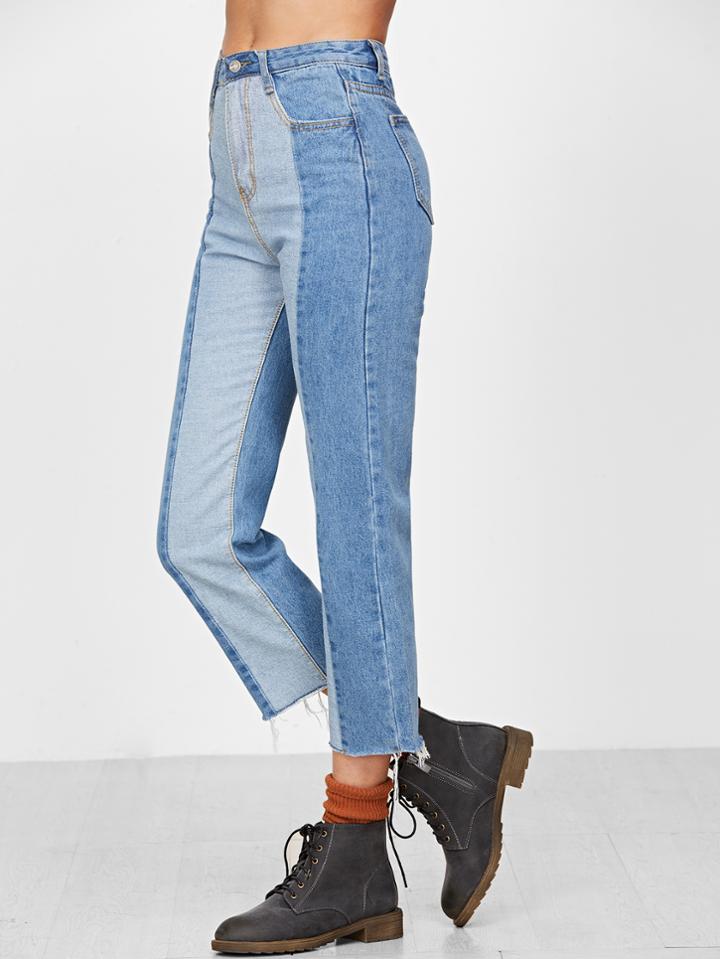 Shein Blue Contrast Raw Hem Straight Jeans