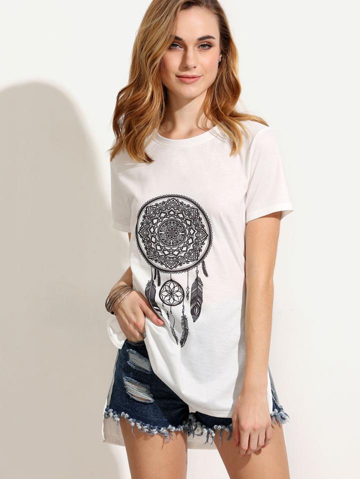 Shein White Print Split Side Short Sleeve T-shirt