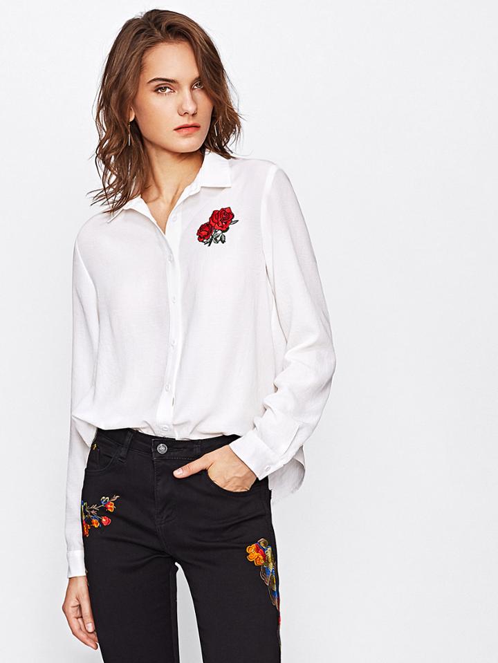 Shein Rose Embroidered Fold Pleat Shirt
