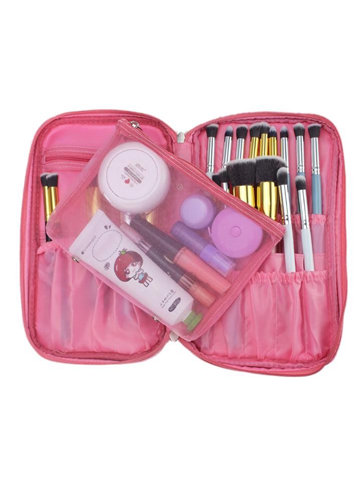 Shein Pink Zipper Makeup Bag With Small Mesh Bag