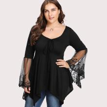 Shein Plus V Neckline Mesh Panel Lace Trim Top