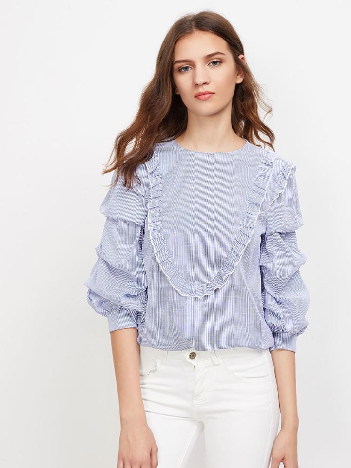 Shein Ruffle Trim Yoke Gathered Sleeve Keyhole Back Blouse