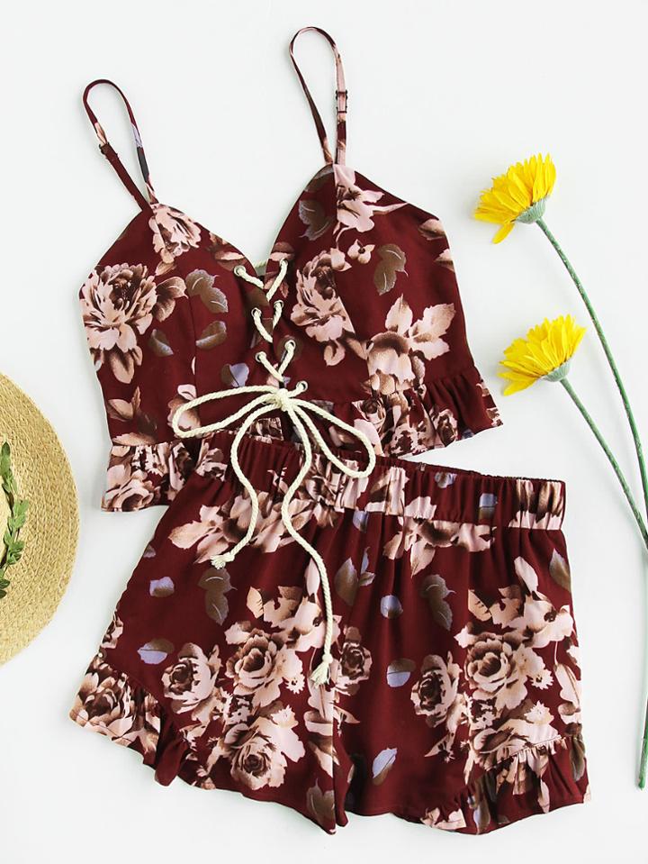 Shein Lace Up Smocked Back Bustier Cami And Shorts Set
