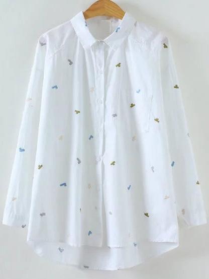 Shein White Embroidery Dip Hem Blouse