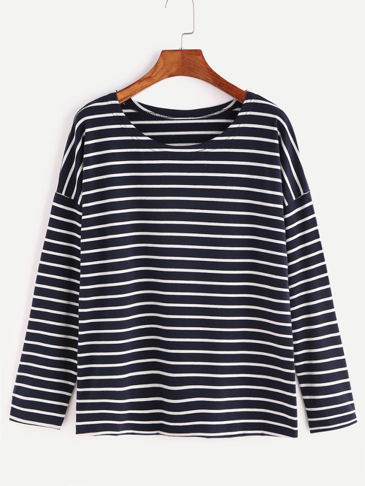 Shein Navy Striped Drop Shoulder Seam T-shirt