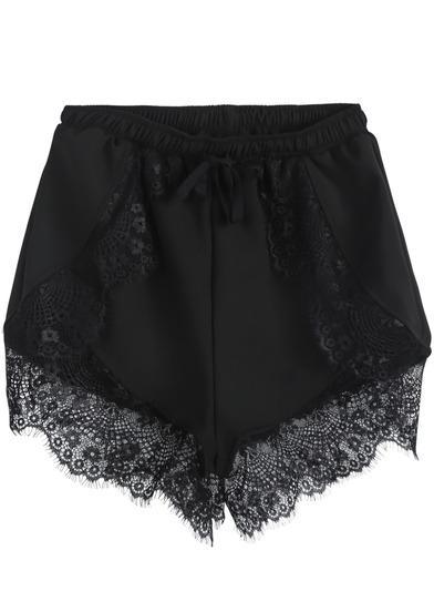 Shein Black Elastic Waist Contrast Lace Shorts