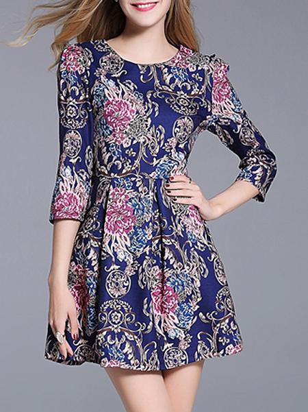 Shein Blue Flowers Jacquard A-line Dress