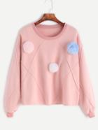 Shein Pink Drop Shoulder Pom Pom Trim Sweatshirt