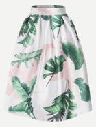 Shein Leaf Print Zipper Back Box Pleated Skirt