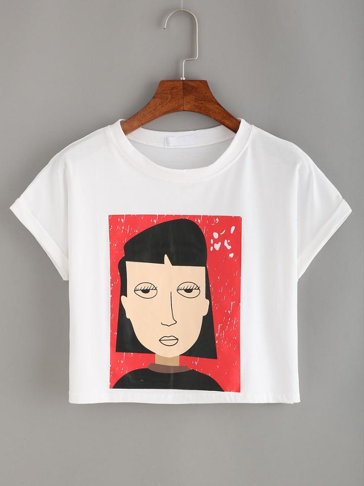 Shein Cartoon Portrait Print Crop T-shirt