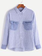 Shein Blue Vertical Striped Contrast Pockets High Low Shirt
