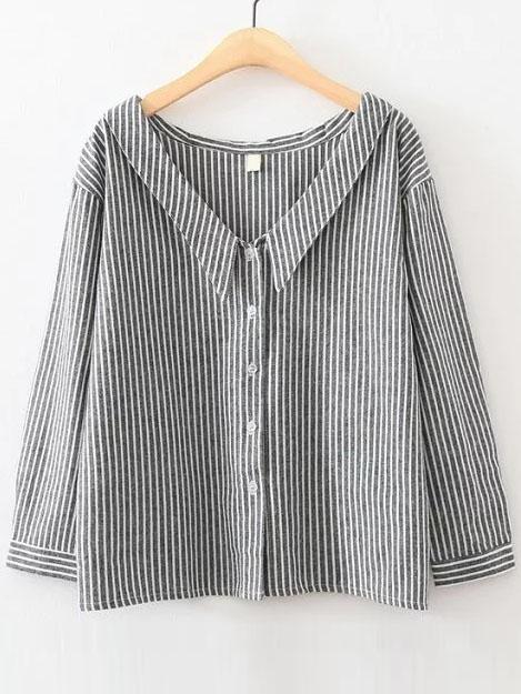 Shein Vertical Striped V Cut Button Up Blouse