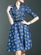 Shein Blue V Neck Print Belted Denim Dress