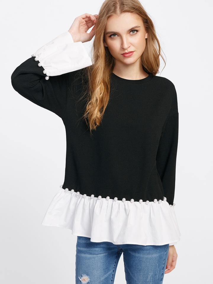 Shein Pearl Beading Contrast Flounce Trim Top