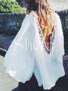 Shein White Long Sleeve Backless Embroidered Dress