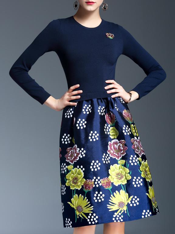 Shein Navy Knit Print A-line Combo Dress