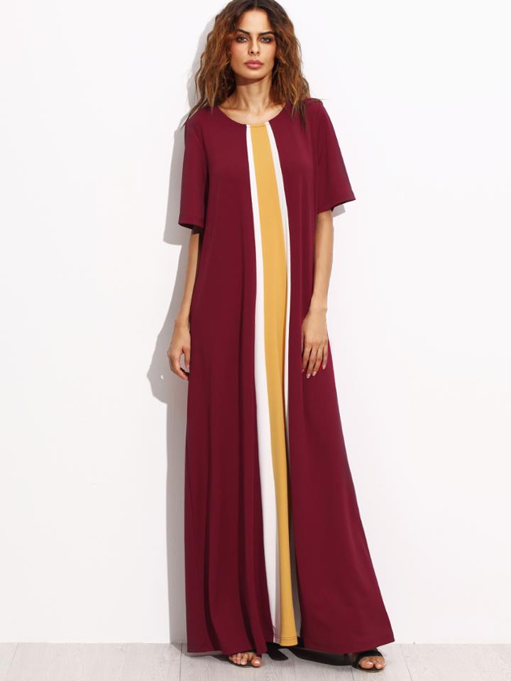 Shein Burgundy Contrast Panel Pleated Back Maxi Dress