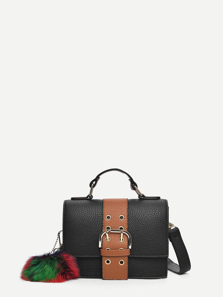 Shein Buckle Decor Grab Bag With Pom Pom