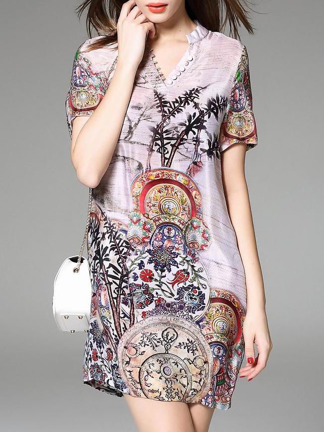 Shein Apricot V Neck Vintage Print Pockets Dress