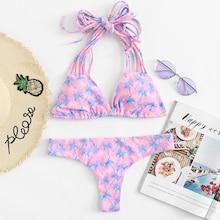 Shein Palm Tree Print Strappy Halter Bikini Set