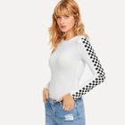 Shein Checkered Sleeve Fitted T-shirt