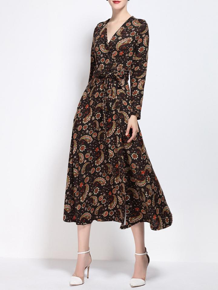 Shein Black V Neck Print Tie-waist Dress