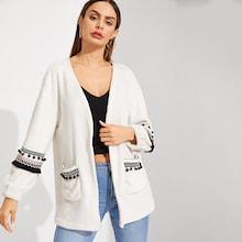 Shein Open Front Pompom & Fringe Detail Fuzzy Coat