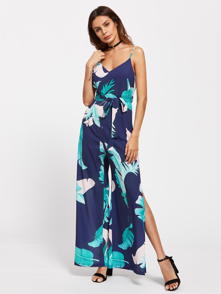 Shein Palm Leaf Print V Back Slit Cami Jumpsuit