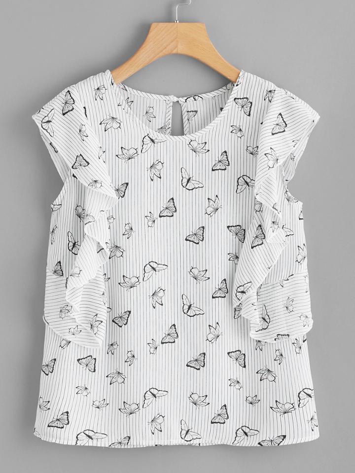 Shein Stripe And Butterfly Print Flounce Top