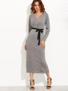 Shein Heather Grey V Neck Wrap Dress With Belt
