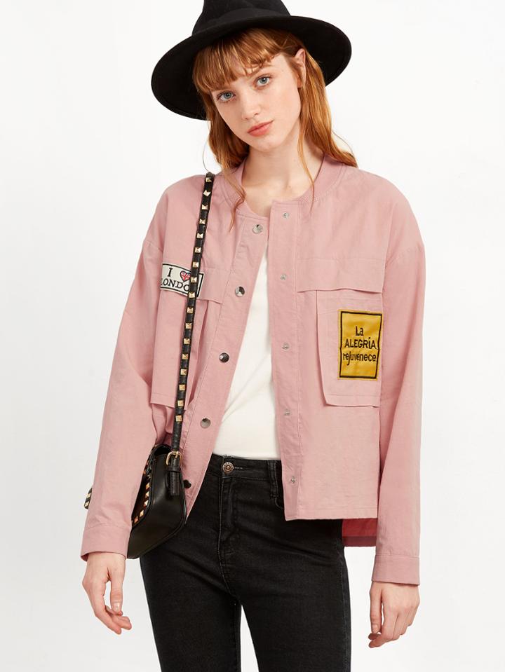 Shein Pink Ribbed Collar High Low Jacket With Patch Detail