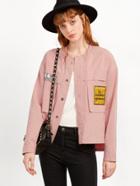 Shein Pink Ribbed Collar High Low Jacket With Patch Detail
