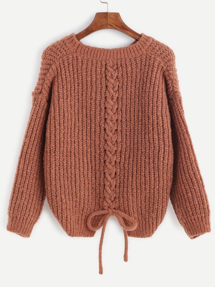 Shein Khaki Drop Shoulder Lace Up Back Chunky Knit Sweater
