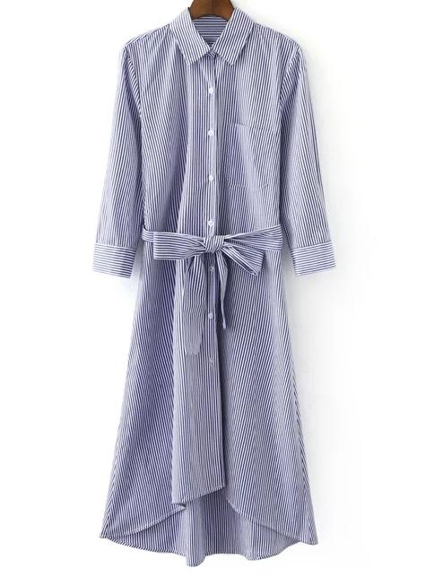 Shein Blue White Stripe Buttons Front Tie-waist Bow Shirt Dress