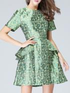 Shein Green Crew Neck Ruffle Jacquard A-line Dress