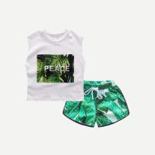 Shein Boys Tropical Print Vest With Drawstring Shorts