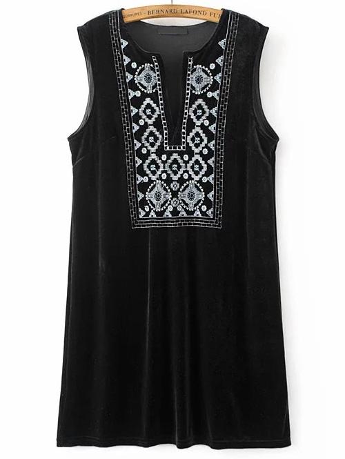 Shein Black Embroidery V Neck Velvet Tank Dress