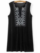Shein Black Embroidery V Neck Velvet Tank Dress